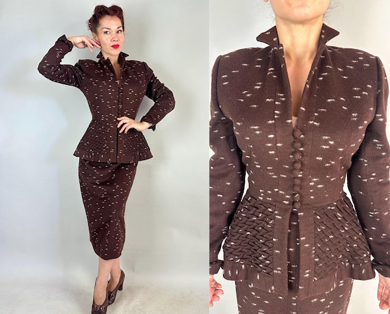 1950s Till the Clouds Roll By "Lilli Ann" Suit | Vintage 50s Brown Wool + Mohair Zig Zag Peplum Jacket & Skirt w/Large White Flecks | Small