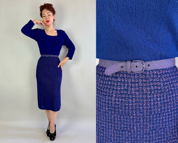 1940s Ravishing Ribbon Dress | Vintage 40s Midnight Blue Form Fit Wool Knit Two-Tone Frock with Purple Ribbon Accent Skirt | Medium Large XL