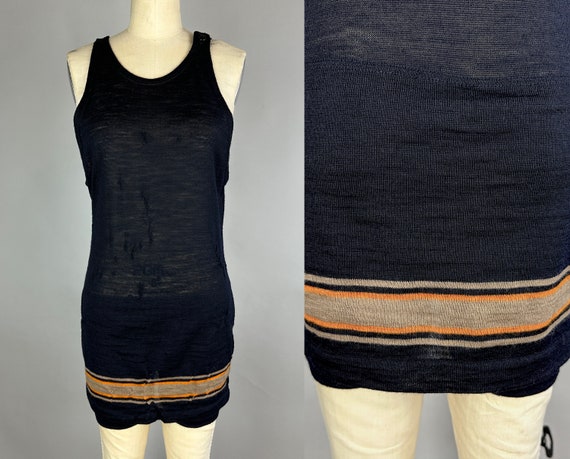 1920s Dive Right In Swimsuit | Antique Vintage 20s Black Wool One Piece Bathing Suit with Taupe and Orange Stripes | Large Extra Large XL