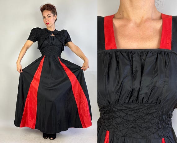 1940s Emma's Eminent Evening Dress Set | Vintage 40s Black and Red Rayon Taffeta Color Block Gown & Puff Sleeves Bolero Dated 1943! | Small