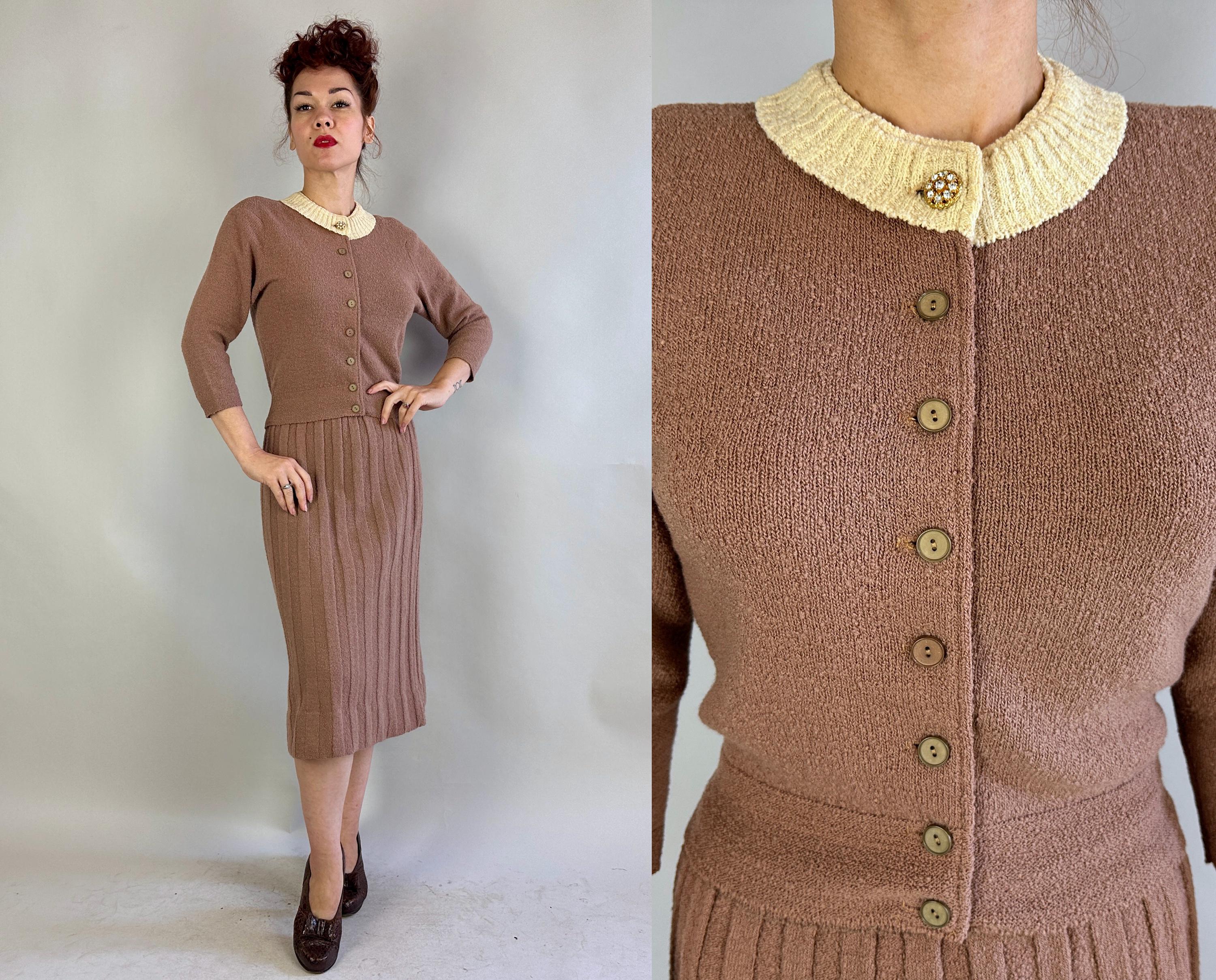 1950s Knockout Knit Dress Set | Vintage 50s Taupe Wool Cardigan Sweater & Skirt with Rhinestone Brooch and Ivory Collar | Small Medium Large 1950s Knockout Knit Dress Set | Vintage 50s Taupe Wool Cardigan Sweater & Skirt with Rhinestone Brooch and Ivory Collar | Small Medium Large