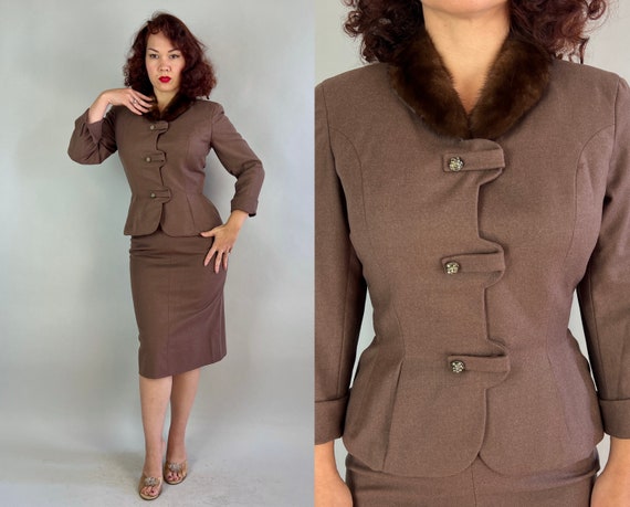 1950s Cassandra Goes Cocktailing Suit | Vintage Early 50s Cedar Brown Wool Two Piece Jacket and Skirt with Fur Trim and Rhinestones | Small