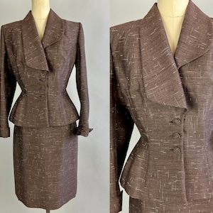 1950s Flecked Fascination Suit | Vintage 50s "Lilli Ann" Dark Taupe Silk & Mohair w/Black and White Static Jacket + Skirt | Extra Small XS