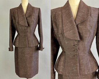 1950s Flecked Fascination Suit | Vintage 50s "Lilli Ann" Dark Taupe Silk & Mohair w/Black and White Static Jacket + Skirt | Extra Small XS