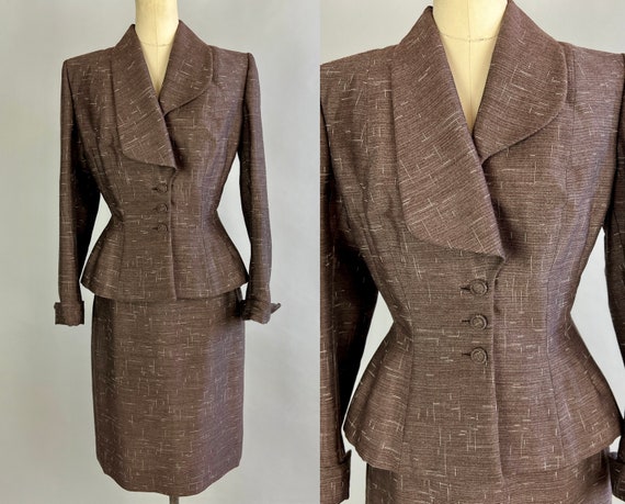 1950s Flecked Fascination Suit | Vintage 50s "Lilli Ann" Dark Taupe Silk & Mohair w/Black and White Static Jacket + Skirt | Extra Small XS