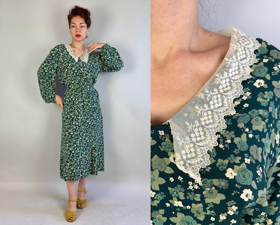1930s Flora's Forest Green Frock | 30s Vintage Lace Collar Floral Rose Print Volup Long Sleeve Rayon Dress with Self Belt | Extra Large XL