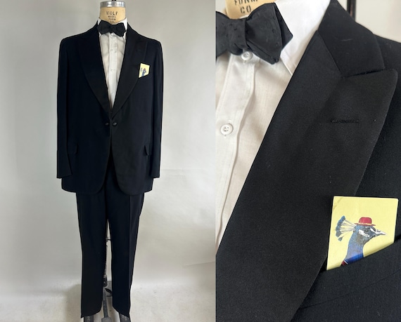 1920s New Years Celebration Tuxedo | Vintage Antique 20s 2-Piece Striped Wool & Silk Lapel Formal Evening Tux Suit Dated 1927! | Size 44 XL