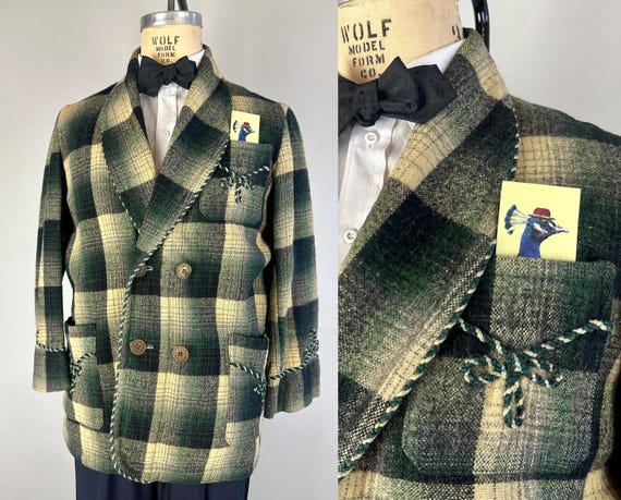1930s Nighty Night Smoking Jacket | Vintage 30s Green Black Ivory Grey Shadow Plaid Wool Double Breasted Lounge Robe | Medium Large