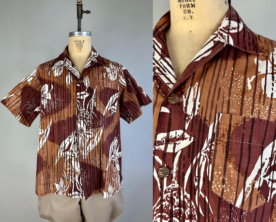 1950s Crazy for Coconuts Hawaiian Shirt | Vintage 50s Browns & White Tiki "Surf 'N Sand" Ginger Print Cotton Button Up Top | Extra Large XL