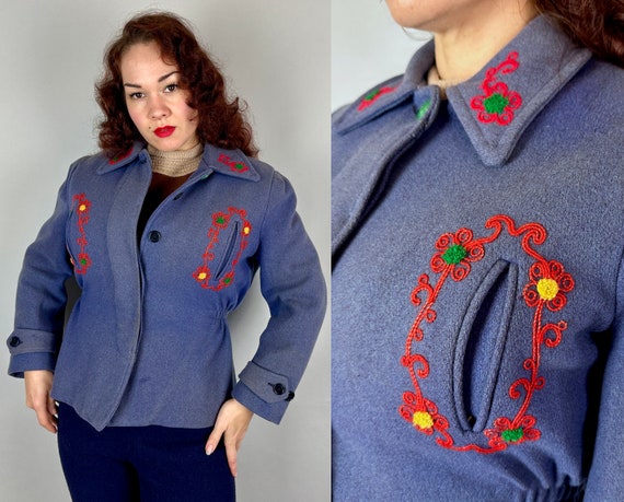 1940s Queen of the Slopes Ski Jacket | Vintage 40s Deep Lavender Wool Winter Sports Togs w/Red Yellow & Green Embroidery | Medium Large