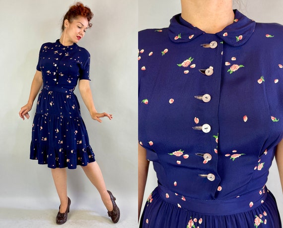 1940s Everything's Coming Up Roses Dress | Vintage 40s Navy Blue Pink and Green Flower Rayon Crepe Frock with Gathered Tiered Skirt | Small
