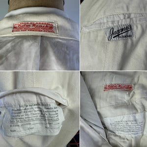 May include: A white textured blazer featuring interior labels that read Tailored by Goodall Palm Beach, Jacome's Tucson Ariz, and Palm Beach Suits with care instructions. The garment includes a white lining and visible stitching details on the interior.