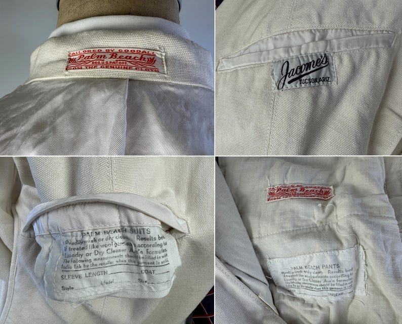 May include: A white textured blazer featuring interior labels that read Tailored by Goodall Palm Beach, Jacome's Tucson Ariz, and Palm Beach Suits with care instructions. The garment includes a white lining and visible stitching details on the interior.