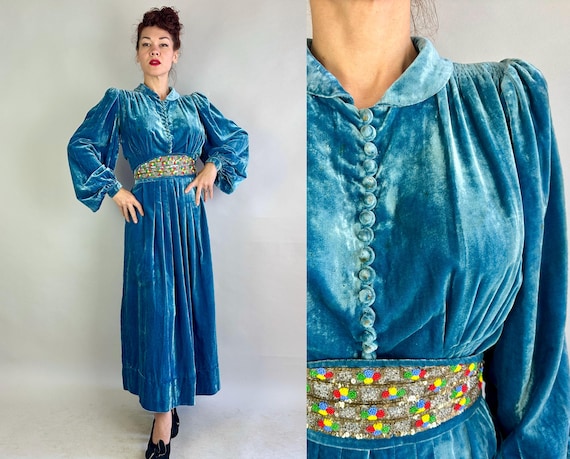 1930s She Wore Blue Velvet Dress | Vintage 30s Gown with Poet Sleeves & Cummerbund Belt w/Silver Sequins and Colorful Beads | Extra Large XL