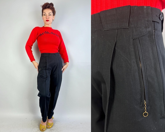 1950s Ski Bunny Togs | Vintage 50s Black Wool Gab Water Repellent Snow Stirrup Pants Trousers with Tunnel Belt Loops & Zip Pockets | Medium