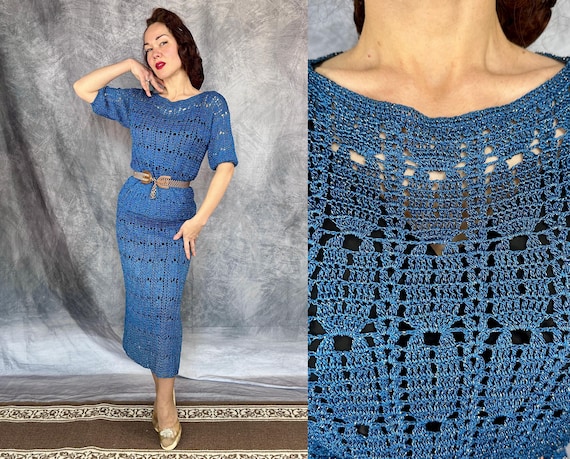 1950s Starry Midnight Lurex Knit Set | 50s Blue and Gold Sparkly Crochet Blouse and Skirt Two Piece Set | XS Extra Small Small Medium Large