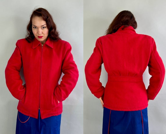 1930s Ravishing Red Hot Belted Back Jacket | Vintage 30s Scarlet Wool Quilted Lining Action Back Coat for Sports and Leisure | Medium Large