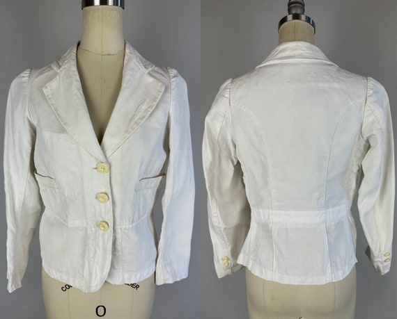 1930s Derby Day Jacket | Vintage 30s White Summer Crisp Linen Belted Back Sports Coat Blazer with Notch Lapels | Small Extra Small XS