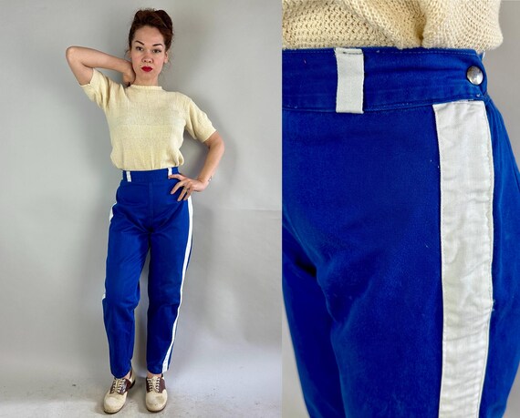 1950s Sporty Sally Jeans | Vintage 50s Cotton Denim Cobalt Blue High Waist Pants Trousers with Wide White Stripes and Side Zip | Small