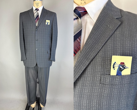 1950s Silver Fox Suit | Vintage 50s Silver and Grey Tone-on-Tone Shadow Plaid Two-Piece Wool Set with Drop-Loop Pants | Size 40 Medium