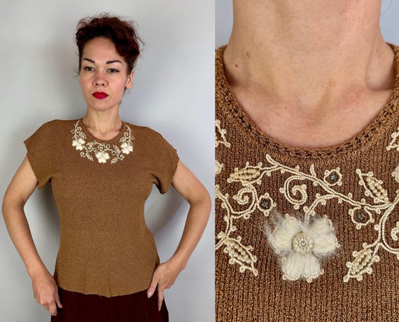 1950s Sweet As Brown Sugar Sweater | Vintage 50s Rayon Knit Top w/Beaded Soutache Neckline and White Angora Accents | Large Extra Large XL