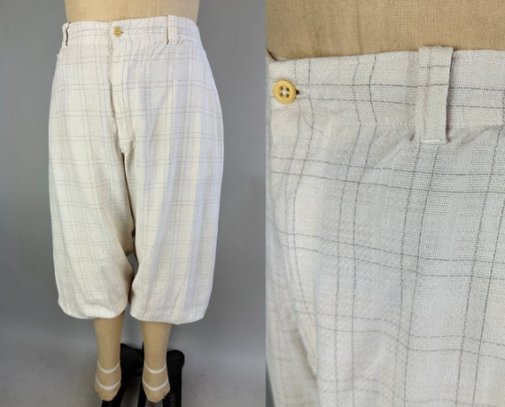 1920s Sporting Gents Knickerbockers | Vintage 20s White with Grey Windowpane Plaid Weave Linen Plus-Fours Knickers | 38x26 Extra Large XL