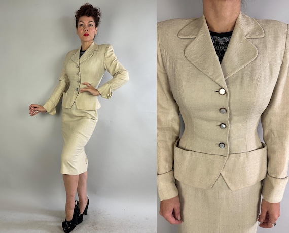 1950s Golden Get Away Wedding Suit | Vintage 50s Ivory White Raw Slubby Silk w/Gold Flecks + Mother of Pearl Buttons Jacket & Skirt | Small
