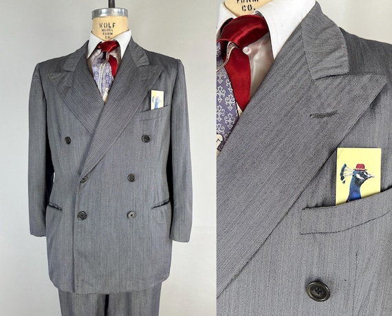 1940s Best Dressed Dated Suit | Vintage 40s Multi Tonal Grey and Blue Micro Herringbone Wool Jacket & Pants From 1941! | Size 42 Large