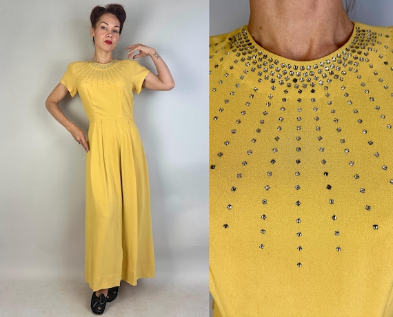 1940s Ray of Sunshine Gown | Vintage 40s Sunny Yellow Rayon Crepe Dress with Radiating Rhinestones Keyhole Back and Padded Shoulders | Small