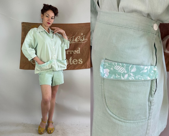 1940s Merry Mint Play Set | Vintage 40s Two Piece Green Soft Cotton Denim Blouse and Shorts with White Print and Pockets | Extra Large XL