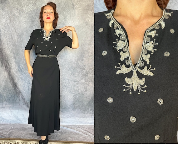 1940s Beaded Beauty Gown | Vintage 40s Black Rayon Crepe Evening Dress with Elegant Silver Beadwork & Rhinestones | Extra Large XL