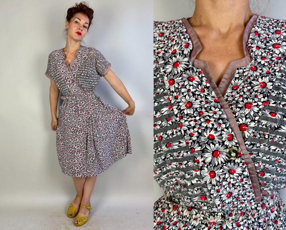1940s Daisy Day Dress | Vintage 40s Black Grey and Red Silk Floral Frock with Sheer Net Stripes and Mauve Taffeta Trime | Extra Large XL