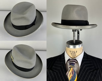 1940s Stetson Royal DeLuxe Fedora | Vintage 40s Dove Grey Hard Brim Beaver Felt Homburg Hat with Black Ribbon Band | Size 7&1/4 7.25 Large