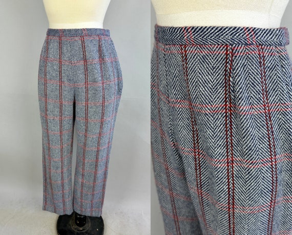 1950s Sporting Ladies Slacks | Vintage 50s Navy Blue Red and White Wool Herringbone Cigarette Trousers Pants with Side Zip | Extra Small XS