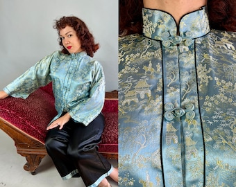 1940s Lady in Blue Lounge Set | Vintage 40s Iceberg and Black Silk Brocade Asian Inspired Pajama Ensemble Shirt Top & Palazzo Pants | Large