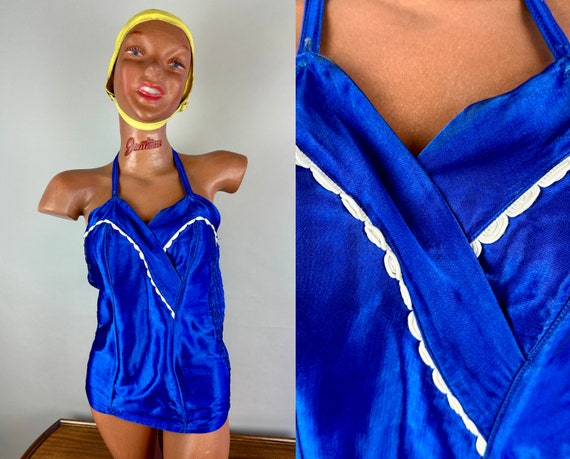 1940s Satin Starlet Swimsuit | Vintage 40s Cobalt Blue Rayon One-Piece Pinup Bathing Suit w/White Trim and Shirred Low Back | Small Medium