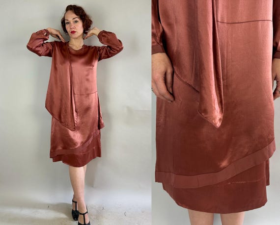 1920s Pretty Penny Dress | Vintage Antique 20s Copper Silk Charmeuse Flapper Frock with Asymmetric Draping and Faux Wrap Skirt | Small