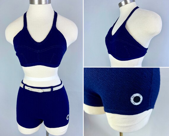 1930s Beach Babe Bikini | Vintage 30s Navy Blue Wool Knit Two Piece Halter Bathing Suit Swimsuit with White Belt | Extra Small XS Small
