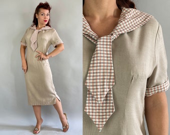 1940s Sahara Sandy Day Dress | Vintage 40s Sand Beige Linen Shift Frock with Grey Pink and White Sailor Collar | Large Extra Large XL