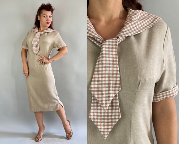 1940s Sahara Sandy Day Dress | Vintage 40s Sand Beige Linen Shift Frock with Grey Pink and White Sailor Collar | Large Extra Large XL