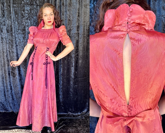 1930s Grand Gamine Gown | Vintage 30s Pink Moiré Rayon Taffeta Evening Dress w/Velvet Lacing Puff Sleeves & Scallop Standing Collar | Medium