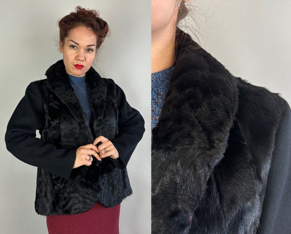 1930s Femme Fatale Jacket | Vintage 30s Black Wool & Karakul Fur Two Texture Open Blazer Style Evening Coat with Shawl Collar | Small/Medium
