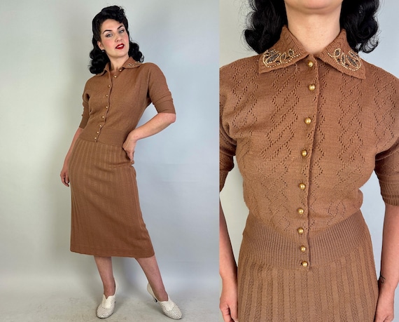 1950s Marry Me Mocha Knit Set | Vintage 50s Two Piece Brown Wool Knit Cardigan Sweater and Skirt w/Twining Pattern | Small Medium Large