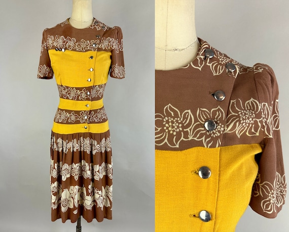 1930s Tropical Treat Frock | Vintage 30s Cotton Linen Yellow and Brown Stripe White Floral Print Dress w/Asymmetric Buttons | Extra Small XS