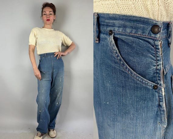 1950s When Duty Calls Dungarees | Vintage 50s Faded Blue Denim Side Zip Jeans with Peach Top Stitching Perfectly Distressed | Extra Large XL