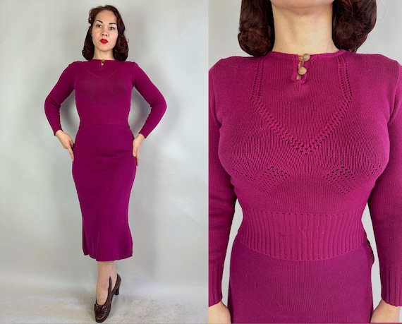 1930s Heart’s Desire Knit Ensemble | Vintage 30s Fuchsia Wool Knit Sweater Blouse and Side Button Skirt Two-Piece with Heart Stitch | Large