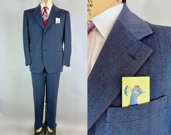 1940s Stop The Static Suit | Vintage 40s Cerulean Blue Wool with Eye-Watering Red ZigZag Stripe Two-Piece Victory Set | Size 42 Large