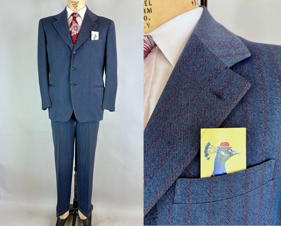 1940s Stop The Static Suit | Vintage 40s Cerulean Blue Wool with Eye-Watering Red ZigZag Stripe Two-Piece Victory Set | Size 42 Large