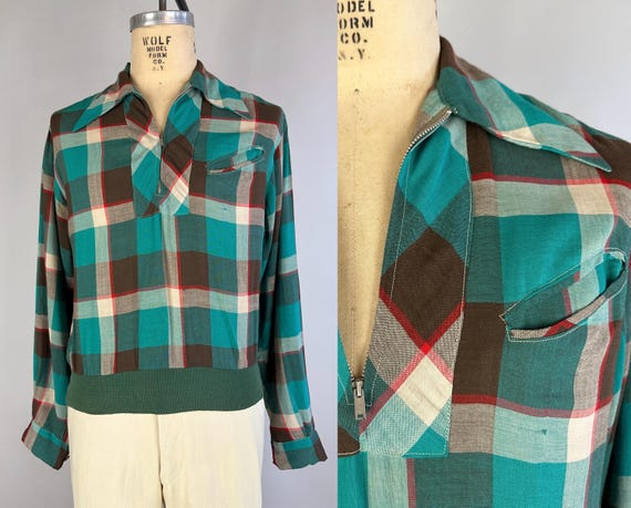 1940s Teal Gaucho Shirt | Vintage 40s Lightweight Wool Plaid Talon Zip-Up Collared Long Sleeve Knit Waist Sportswear Shirt | Medium