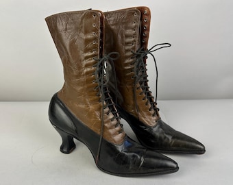 1900s Edna's Edwardian Boots | Vintage Antique Victorian Black & Brown Leather Lace Up Granny Boot Pointed Toe Louis Heel Shoes | Size US 6